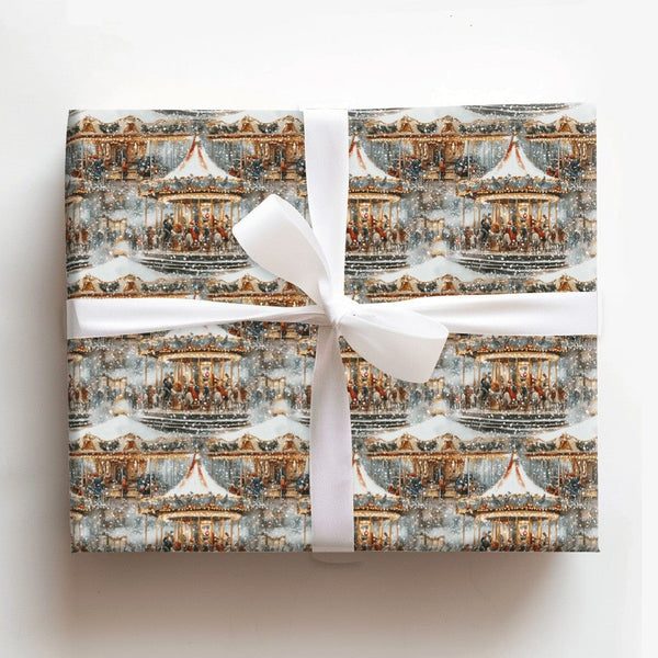 Snowy Carnival Christmas Gift Wrap, Vintage Winter Carousel Wrapping Paper, Nostalgic Holiday Wrapping Paper, Festive Winter 