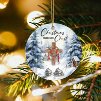 Religious Cross Tree Ornament, Christmas Begins with Christ Ornament, Snowy Village Ceramic Ornament, Christian Holiday Keepsake Decor Present