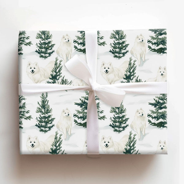 Watercolor Winter Pine Tree Gift Wrap, Samoyed Dog Wrapping Paper, Holiday Samoyed Wrapping Paper, Christmas Dog Lover Gift W