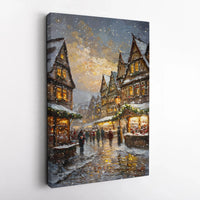 Snowy European Village Canvas Art, Christmas Market Canvas Print, Winter Oil Painting Canvas, Festive Holiday Wall Art, Seasonal Xmas Present