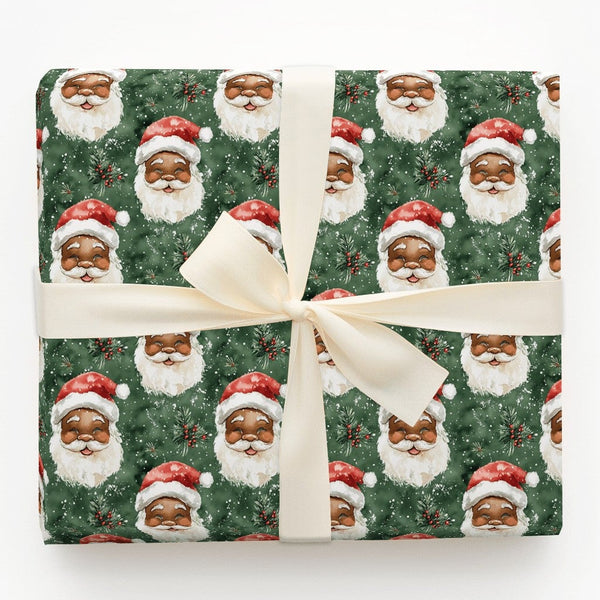 Watercolor Santa Claus Gift Wrap, Black Santa Wrapping Paper, Inclusive Christmas Present Paper, African American Santa Holid
