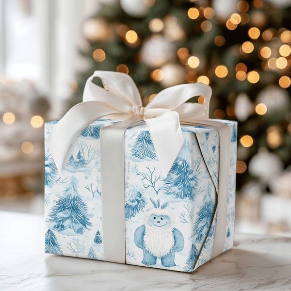 Adorable Abominable Snowman Gift Wrap Roll, Yeti Christmas Wrapping Paper, Blue Winter Forest Present Paper, Whimsical Holida
