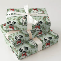 Sage Green Dog Gift Wrap, Dalmatian Puppy Christmas Wrapping Paper, Wreath Present Wrap, Pet Lover Holiday Wrapping Paper, Xmas Gift Wrap