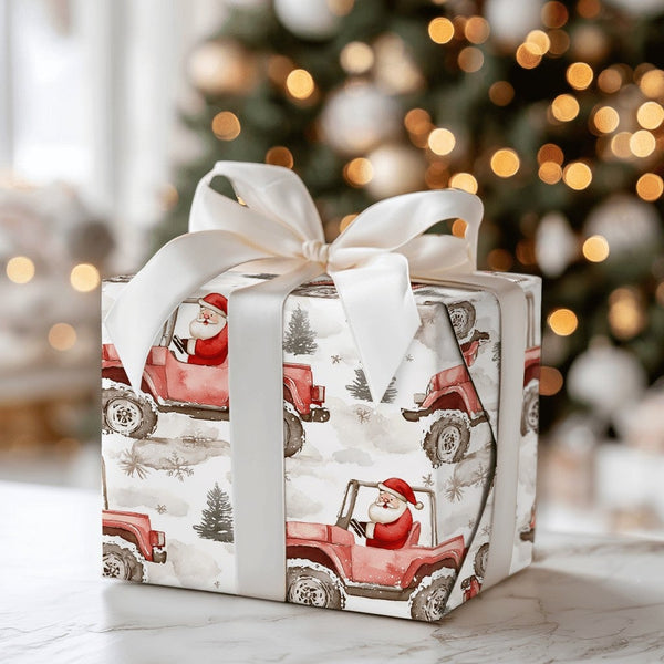 Red Off Road Vehicle Gift Wrap, Santa Claus Truck Wrapping Paper, Christmas Tree Paper Roll, Holiday Winter Gift Wrap, Car Lo