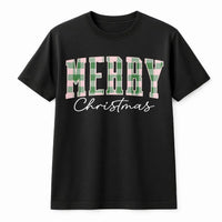 Pastel Buffalo Plaid Holiday Graphic Tee, Merry Christmas T-Shirt, Festive Winter Aesthetic Shirt, Adorable Family Xmas T-Shirt Present for Women