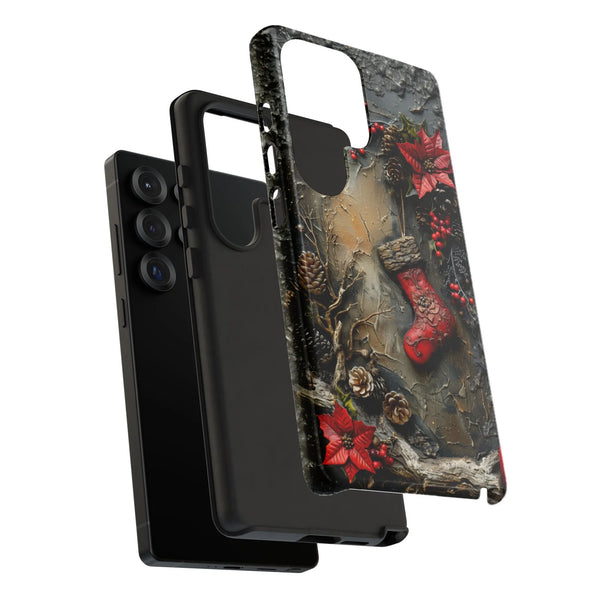 Vintage Poinsettia Floral Holiday Phone Case, Rustic Christmas Stocking Samsung Galaxy Case, Dual Layer Festive Winter Tough 