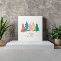 Wonderful Time of the Year Quote Wall Art, Christmas Trees Square Canvas, Whimsical Holiday Doodle Canvas Print, Rustic Winter Wall Decor