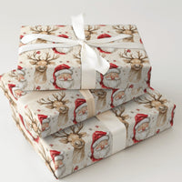 Adorable Christmas Gift Wrap, Watercolor Santa and Reindeer Wrapping Paper, Holiday Snowflake Wrapping Paper, Festive Winter Gift Wrap Paper