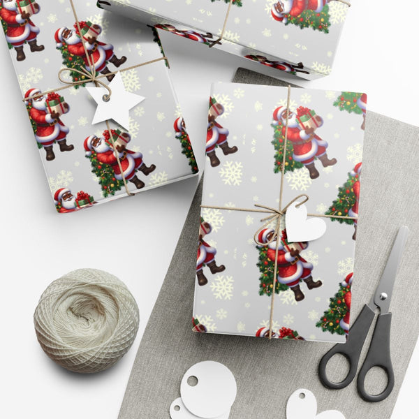African American Santa Gift Wrap, Black Santa Wrapping Paper, Christmas Tree Snowflakes Wrapping Paper, Festive Holiday Gift 