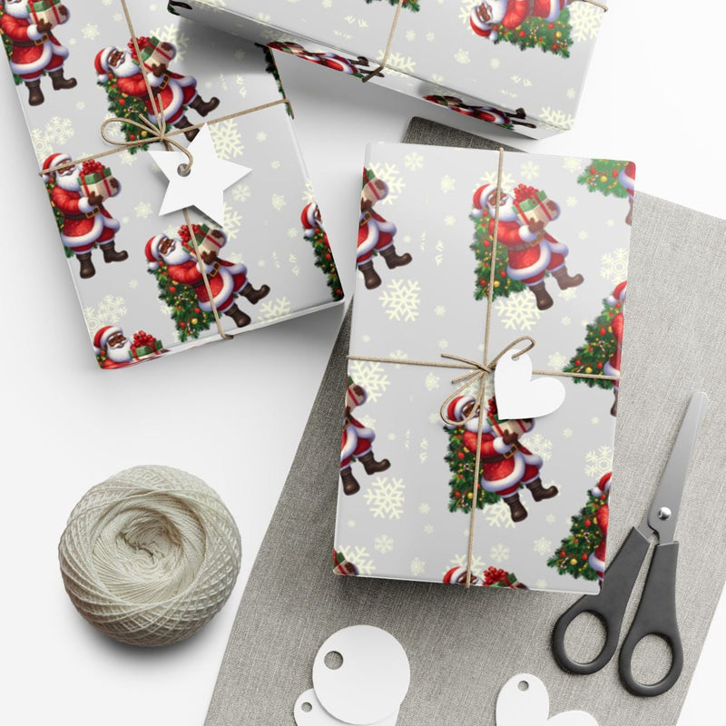 African American Santa Gift Wrap, Black Santa Wrapping Paper, Christmas Tree Snowflakes Wrapping Paper, Festive Holiday Gift Wrapping Paper