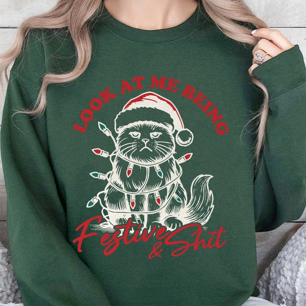 Grumpy Kitten in Santa Hat Crewneck, Humorous Cat Christmas Sweatshirt, Sarcastic Holiday Cat Mom Pullover, Adorable Xmas Pre