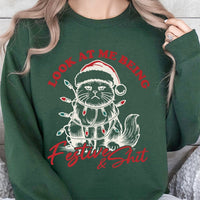Grumpy Kitten in Santa Hat Crewneck, Humorous Cat Christmas Sweatshirt, Sarcastic Holiday Cat Mom Pullover, Adorable Xmas Present for Cat Lovers