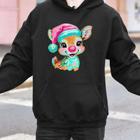 Artistic Brushstroke Holiday Hoodie, Adorable Reindeer Christmas Hoodie, Comfy Winter Pullover Hoodie, Retro Xmas Sweatshirt, Holiday Present