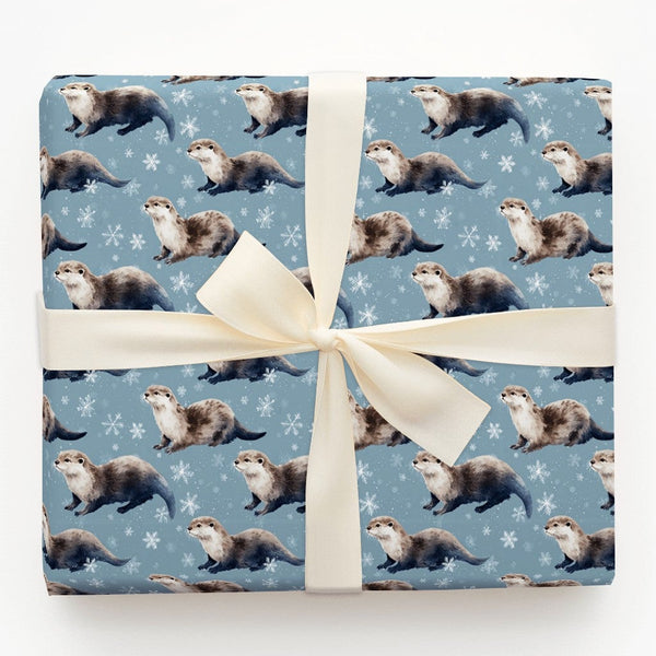 Winter Snowflake Wrapping Paper, Otter Gift Wrapping Paper, Adorable Animal Holiday Wrapping Paper, Christmas Gift Wrap for O