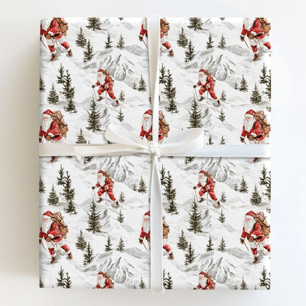Mountain Expedition Christmas Gift Wrap, Hiking Santa Wrapping Paper, Watercolor Outdoor Santa Claus Present Paper, Rustic Wi