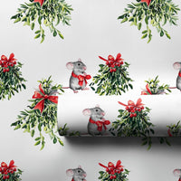 Watercolor Mistletoe and Red Bow Gift Wrap, Christmas Mouse Wrapping Paper, Adorable Winter Animal Wrapping Paper, Festive Holiday Gift Wrap