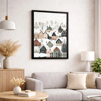 Watercolor Christmas Town Canvas Print, Snowy Winter Village Canvas Wall Art, Gold Snowfall Holiday Canvas, Festive Winter Wall Decor