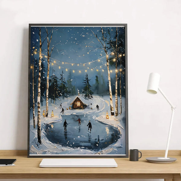 Comfy Cabin Snowy Forest Print, Winter Ice Skating Wall Art, Vintage Winter Landscape Poster, Rustic Holiday Christmas Home D