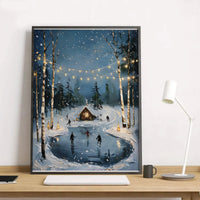Comfy Cabin Snowy Forest Print, Winter Ice Skating Wall Art, Vintage Winter Landscape Poster, Rustic Holiday Christmas Home Decor