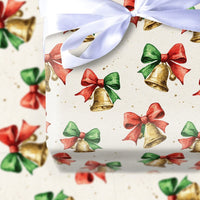 Jingle Bells Holiday Gift Wrap, Watercolor Christmas Bells Wrapping Paper, Festive Red Bow Wrapping Paper, Vintage Xmas Gift Wrapping Paper