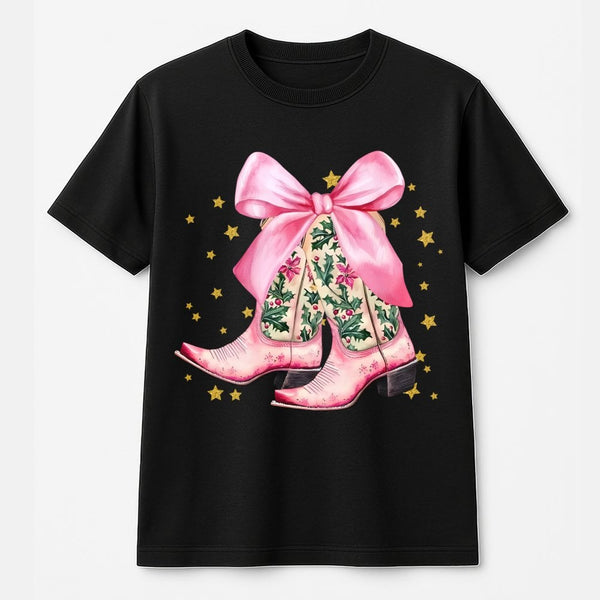 Western Holiday T-Shirt, Pink Cowboy Boots Christmas Shirt, Adorable Bow Graphic Tee, Country Cowgirl Christmas Shirt