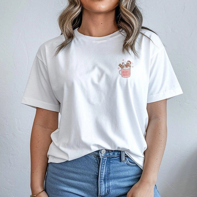Christmas Coffee Graphic T-Shirt, Merry and Bright Gingerbread T-Shirt, Adorable Holiday Foodie Shirt, Minimalist Xmas Tee, Winter Womens Present