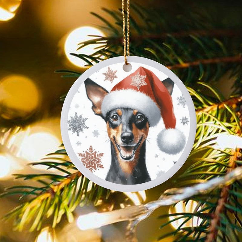 Min Pin Dog Christmas Ornament, Miniature Pinscher Santa Hat Ceramic Ornament, Adorable Puppy Holiday Tree Ornament, Dog Lover Keepsake Present