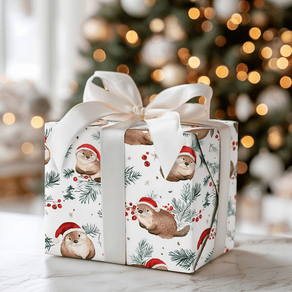 Santa Hat Otter Holiday Gift Wrap, Christmas Otter Wrapping Paper, Adorable Watercolor Otter Present Wrap, Winter Pine Animal