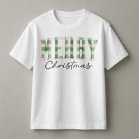Pastel Buffalo Plaid Holiday Graphic Tee, Merry Christmas T-Shirt, Festive Winter Aesthetic Shirt, Adorable Family Xmas T-Shirt Present for Women