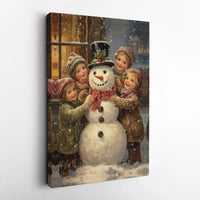 Vintage Christmas Canvas Print, Victorian Children Snowman Canvas Wall Art, Nostalgic Holiday Scene Art Digital Download Printable