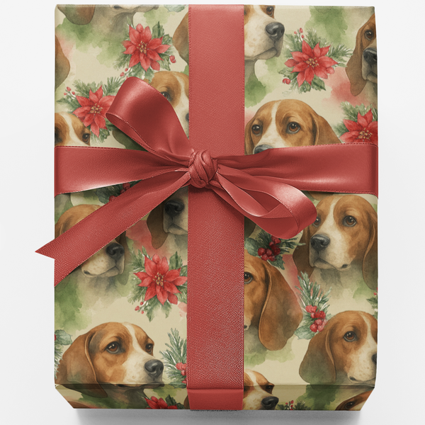 Watercolor Hound Dog Poinsettia Gift Wrap, Beagle Christmas Wrapping Paper, Festive Pet Holiday Wrapping Paper, Dog Lover Xma