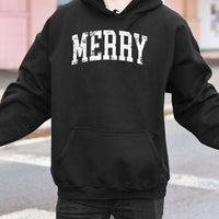 Distressed Holiday Lettering Sweatshirt, Retro Varsity Merry Christmas Hoodie, Vintage Winter Season Hooded Pullover Present