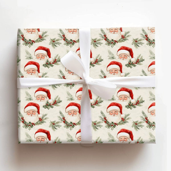 Classic Santa Claus Christmas Gift Wrap, Vintage Santa Wrapping Paper, Retro Watercolor Santa Wrapping Paper, Holiday Holly G