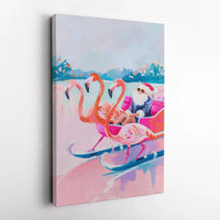 Flamingo Christmas Wall Art, Tropical Santa Sleigh Canvas, Coastal Holiday Canvas Print, Festive Pink Santa Xmas Wall Decor Present