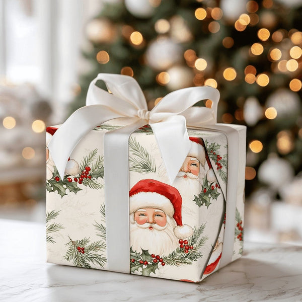 Classic Santa Claus Christmas Gift Wrap, Vintage Santa Wrapping Paper, Retro Watercolor Santa Wrapping Paper, Holiday Holly G