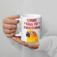 Adorable Christmas Parrot Coffee Cup, Sun Conure Kisses Fix Everything Ceramic Mug, Bird Mom Bird Dad Mug, Tropical Pet Bird Lover Present