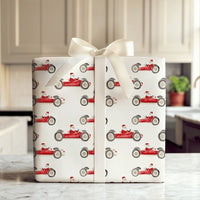 Vintage Racing Santa Claus Gift Wrap, Race Car Santa Wrapping Paper, Humorous Holiday Present Paper, Whimsical Christmas Wrapping Paper Roll