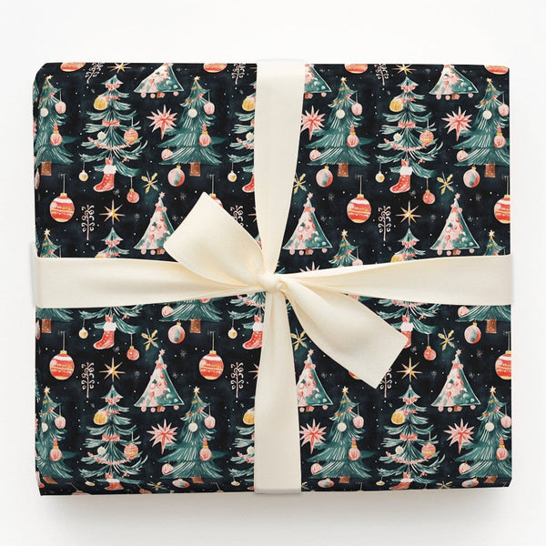 Watercolor Ornament Gift Wrap, Vintage Christmas Trees Wrapping Paper, Navy Blue Holiday Wrapping Paper, Traditional Gift Wra