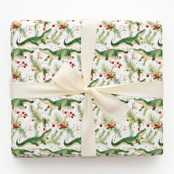 Gator Holiday Gift Wrap, Alligator Christmas Wrapping Paper, Winter Reptile Wrapping Paper, Pine Holly Gift Wrap, Adorable Ga