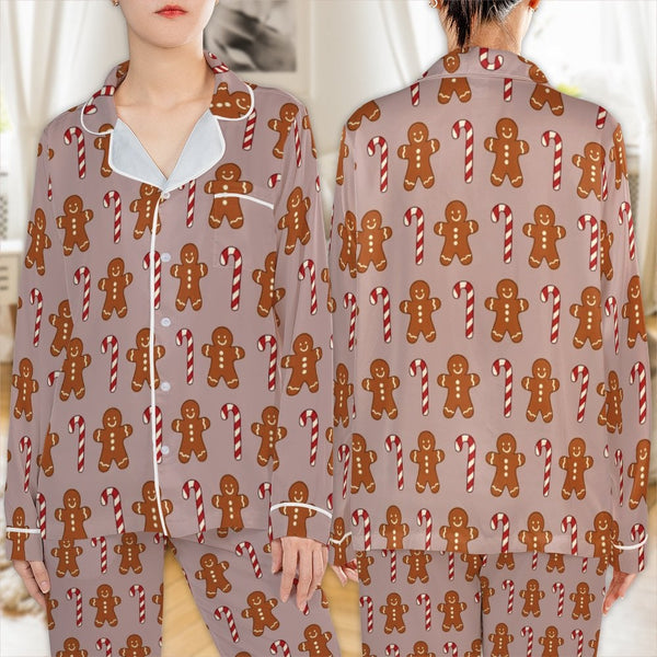 Candy Cane Holiday Pajama Set, Gingerbread Man Satin Pajamas Set, Festive Christmas Loungewear, Silky Sleepwear, Xmas Present