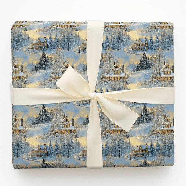 Comfy Holiday Town Gift Wrap, Snowy Winter Village Wrapping Paper, Nostalgic Chimney Smoke Wrapping Paper, Christmas Season W