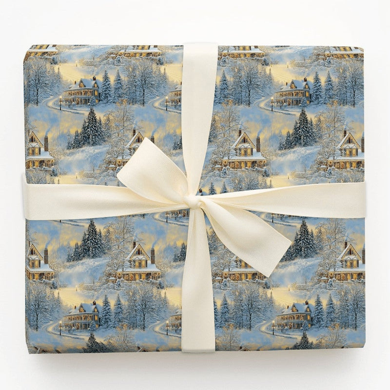 Comfy Holiday Town Gift Wrap, Snowy Winter Village Wrapping Paper, Nostalgic Chimney Smoke Wrapping Paper, Christmas Season Wrapping Paper