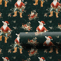Western Floral Holiday Gift Wrap, Cowboy Santa Christmas Wrapping Paper, Rustic Country Santa Wrapping Paper, Dark Green Xmas Gift Wrap