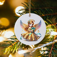 Gold Dress Guardian Angel Ornament, Christmas Angel Ornament, Whimsical Holiday Tree Decor, Ceramic Religious Keepsake, Faith Xmas Present