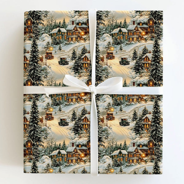 Snowy Town Holiday Gift Wrap, Classic Cars Winter Village Christmas Wrapping Paper, Vintage Xmas Wrapping Paper, Festive Gift