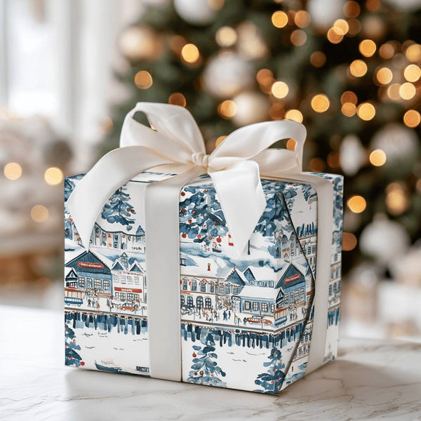 Snowy Harbor Village Gift Wrap, Coastal Christmas Wrapping Paper, Watercolor Nautical Pier Wrapping Paper, Seaside Holiday Gi