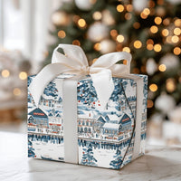 Snowy Harbor Village Gift Wrap, Coastal Christmas Wrapping Paper, Watercolor Nautical Pier Wrapping Paper, Seaside Holiday Gift Wrap Roll