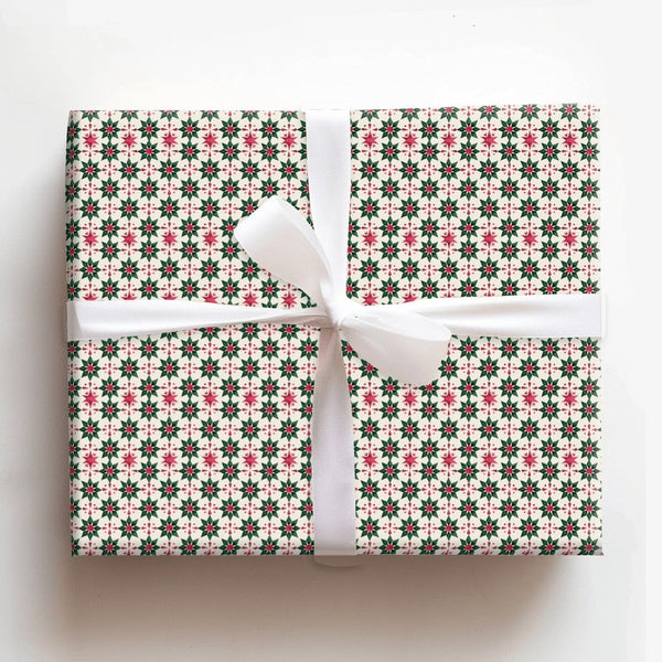 Holly Leaf Holiday Gift Wrap, Geometric Poinsettia Christmas Wrapping Paper, Festive Botanical Wrapping Paper, Vintage Xmas G