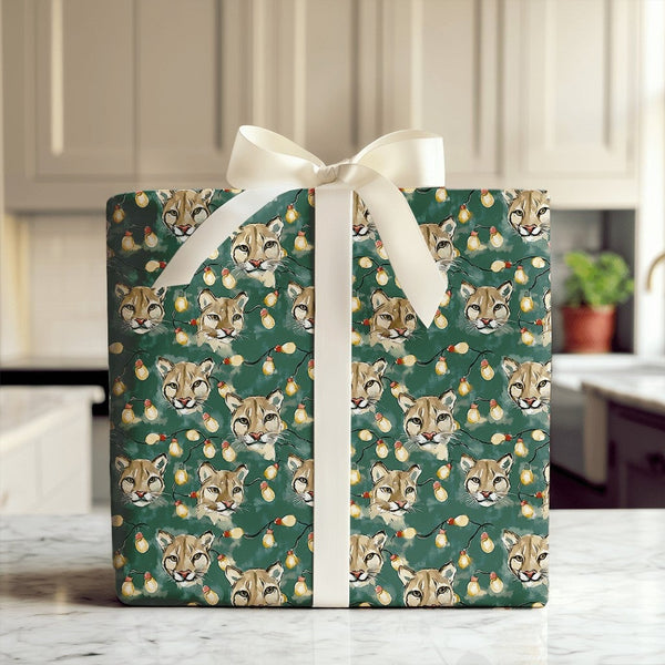 Mountain Lion Holiday Gift Wrap, Cougar Christmas Lights Wrapping Paper, Festive Cougar Paper Roll, Wildlife Animal Christmas