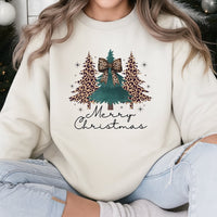 Coquette Bow Xmas Sweatshirt, Leopard Print Christmas Tree Sweatshirt, Adorable Holiday Tree Crewneck, Merry Christmas Sweater, Present for Women